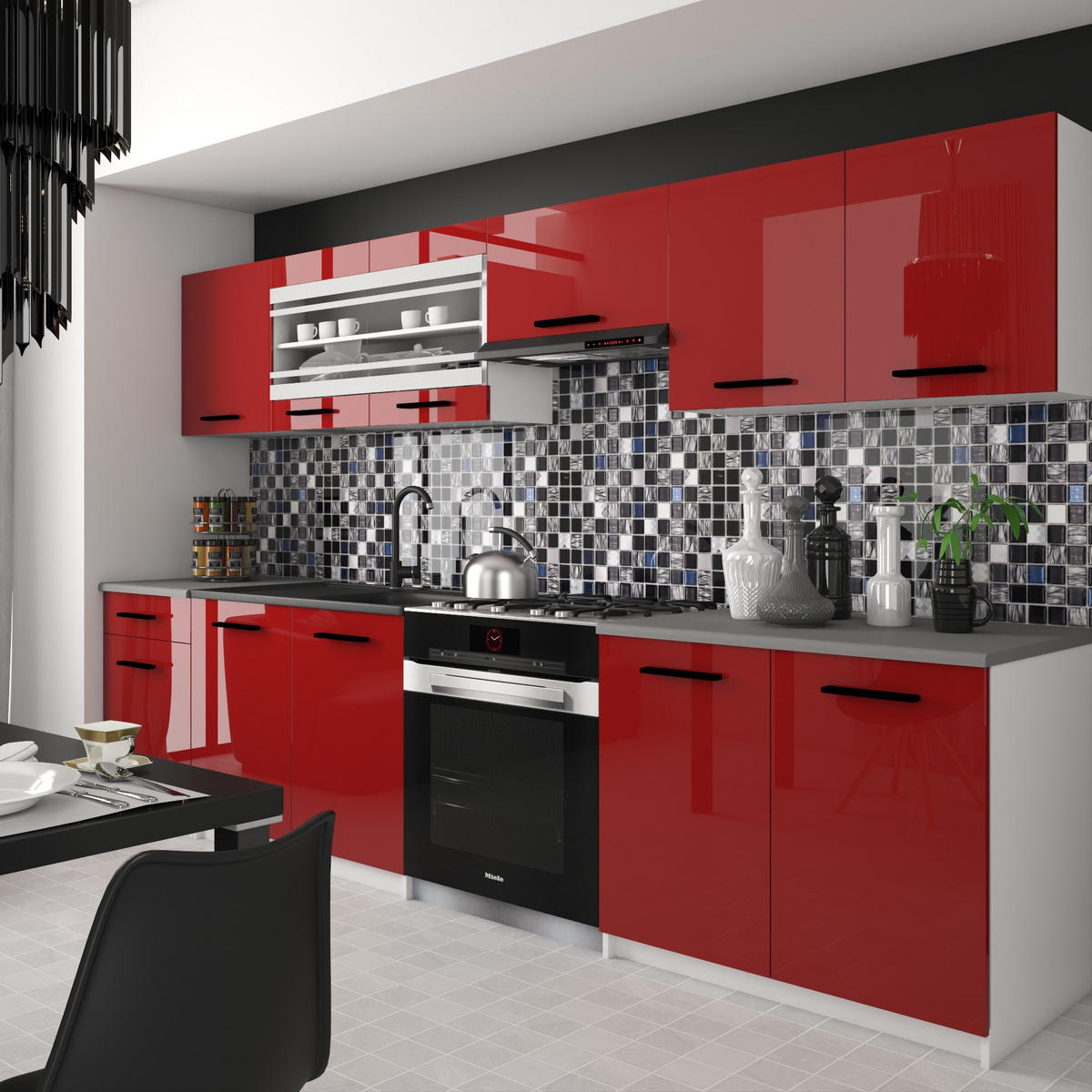 KÜCHENZEILE Italia 4 260 cm, mit Arbeitsplatten, Rot - Rot, Holz (260/143/60cm) - B BELINI GROUP