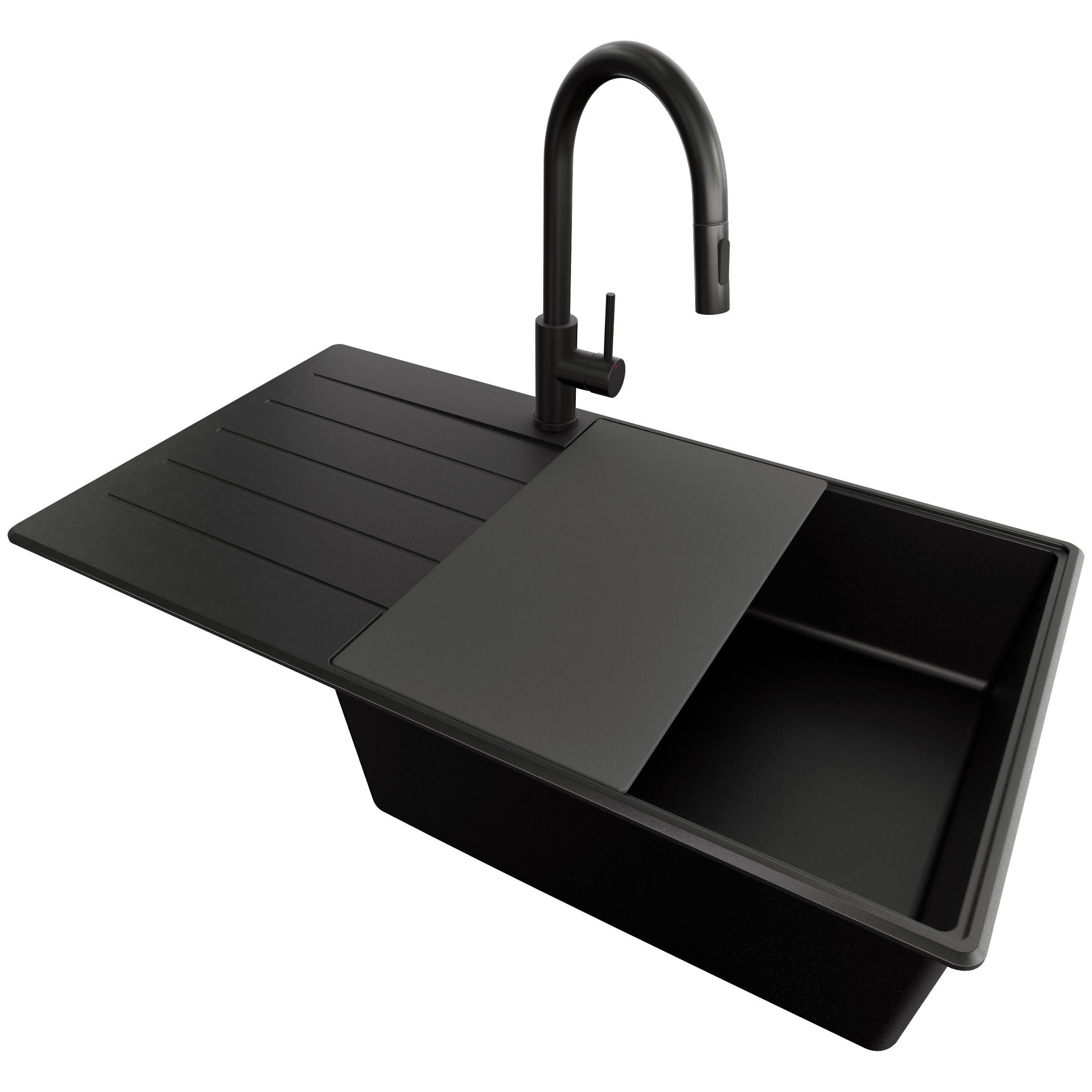 GRANITSPÜLE Kopenhagen, 2-er set Alles Schwarz 90/50 cm 1 Becken + Küchenarmatur 40/20 cm + Ablauf-Set + Schneidebrett ab 60er Unterschrank - Schwarz, Kunststoff (90/20/50cm) - Primagran