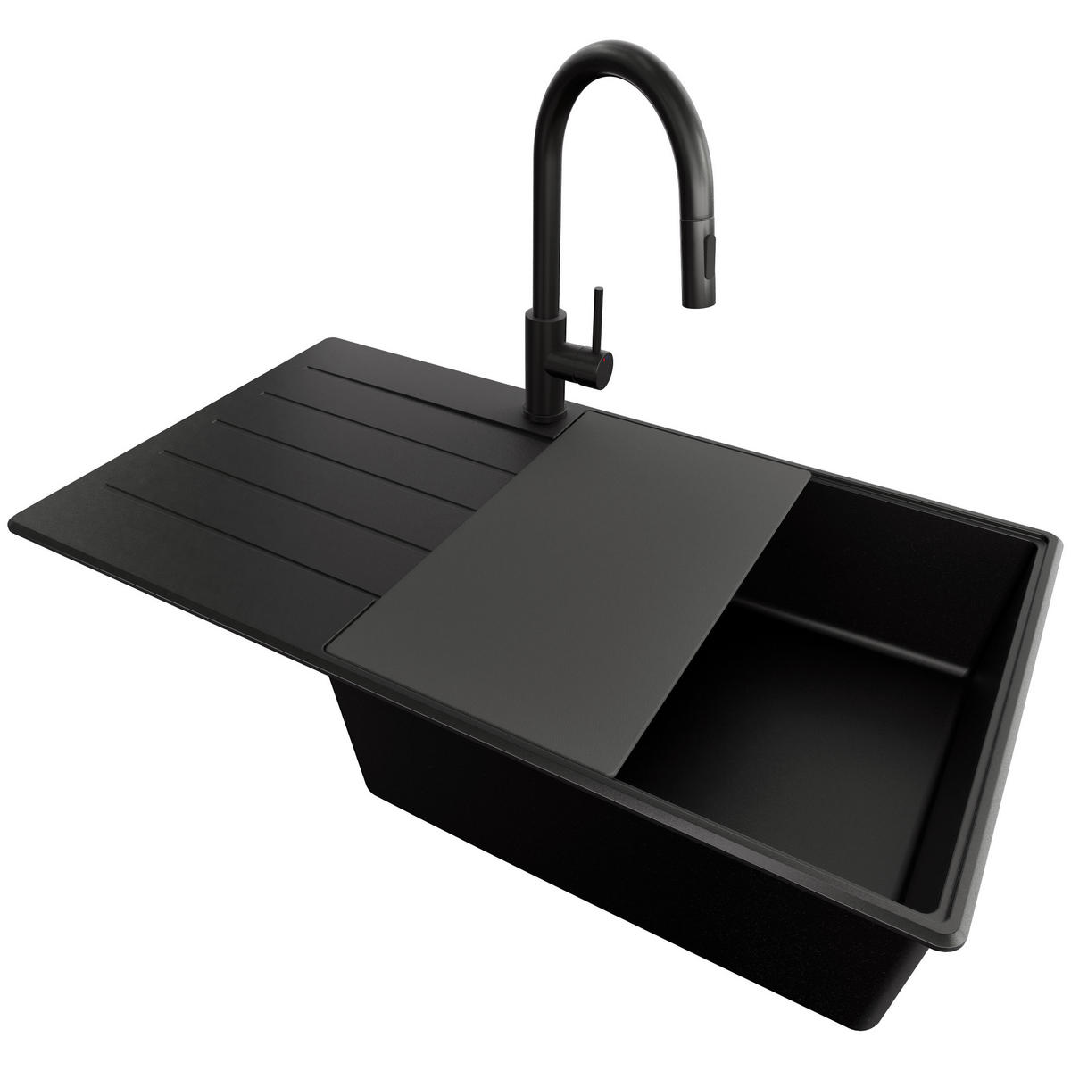 GRANITSPÜLE Kopenhagen, 2-er set Alles Schwarz 90/50 cm 1 Becken + Küchenarmatur 40/20 cm + Ablauf-Set + Schneidebrett ab 60er Unterschrank - Schwarz, Kunststoff (90/20/50cm) - Primagran