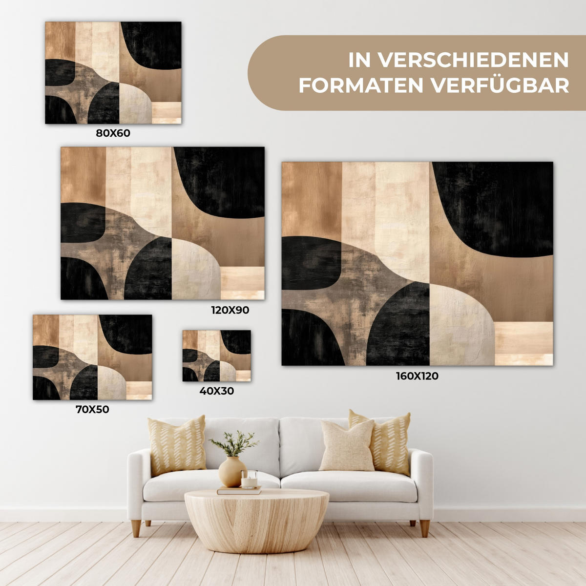 LEINWANDBILD Abstrakt - Flugzeuge - Schwarz - Rund Wandbilder 80x60 cm - Beige, Textil (80/60cm) - MuchoWow