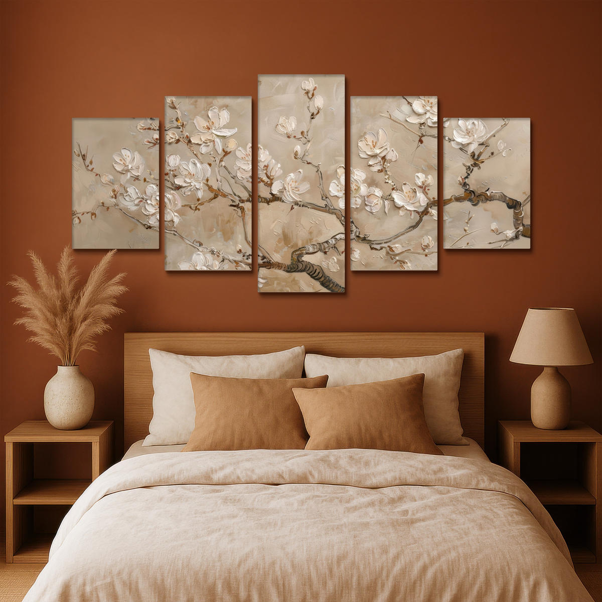 LEINWANDBILD 5er Set Beige - Blüte - Modern 200x100 cm - Greige, Textil (200/100cm) - MuchoWow