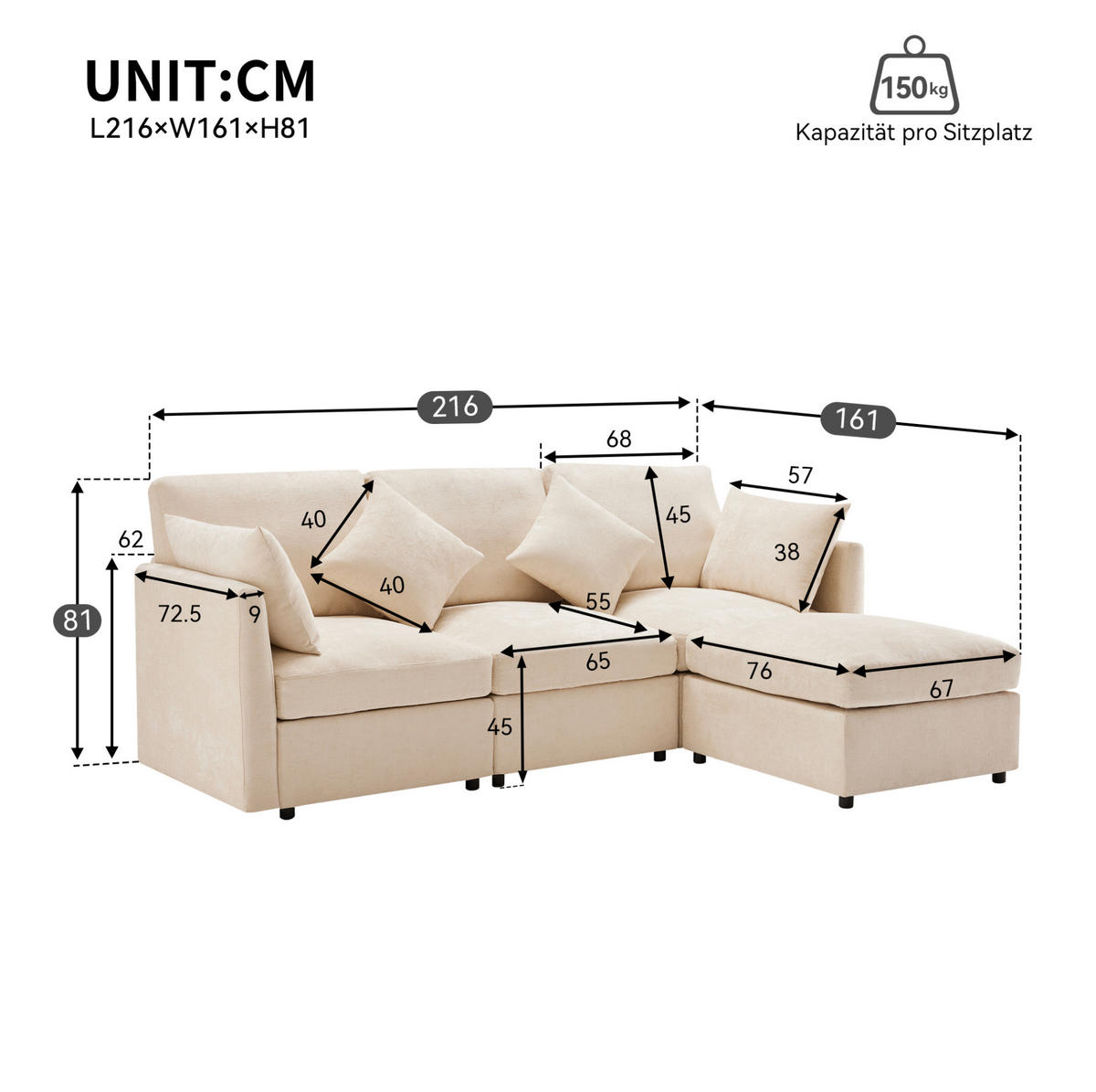 ECKSOFA 216/161/81 cm Beige aus Chenille mit Hocker und 4 Kissen - Beige, Textil (161/216cm) - OKMYHOME