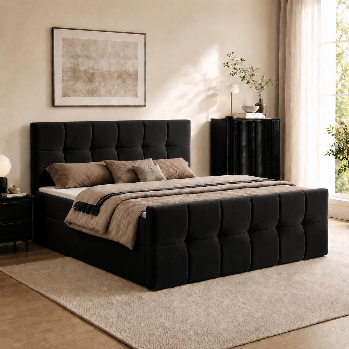 BOXBETT AUREN FRONT 160x200 cm Komplett-Set mit Bonell-Matratze, Topper und Bettkasten, Samt Schwarz - Schwarz, Textil (160/200cm) - Luxkor24