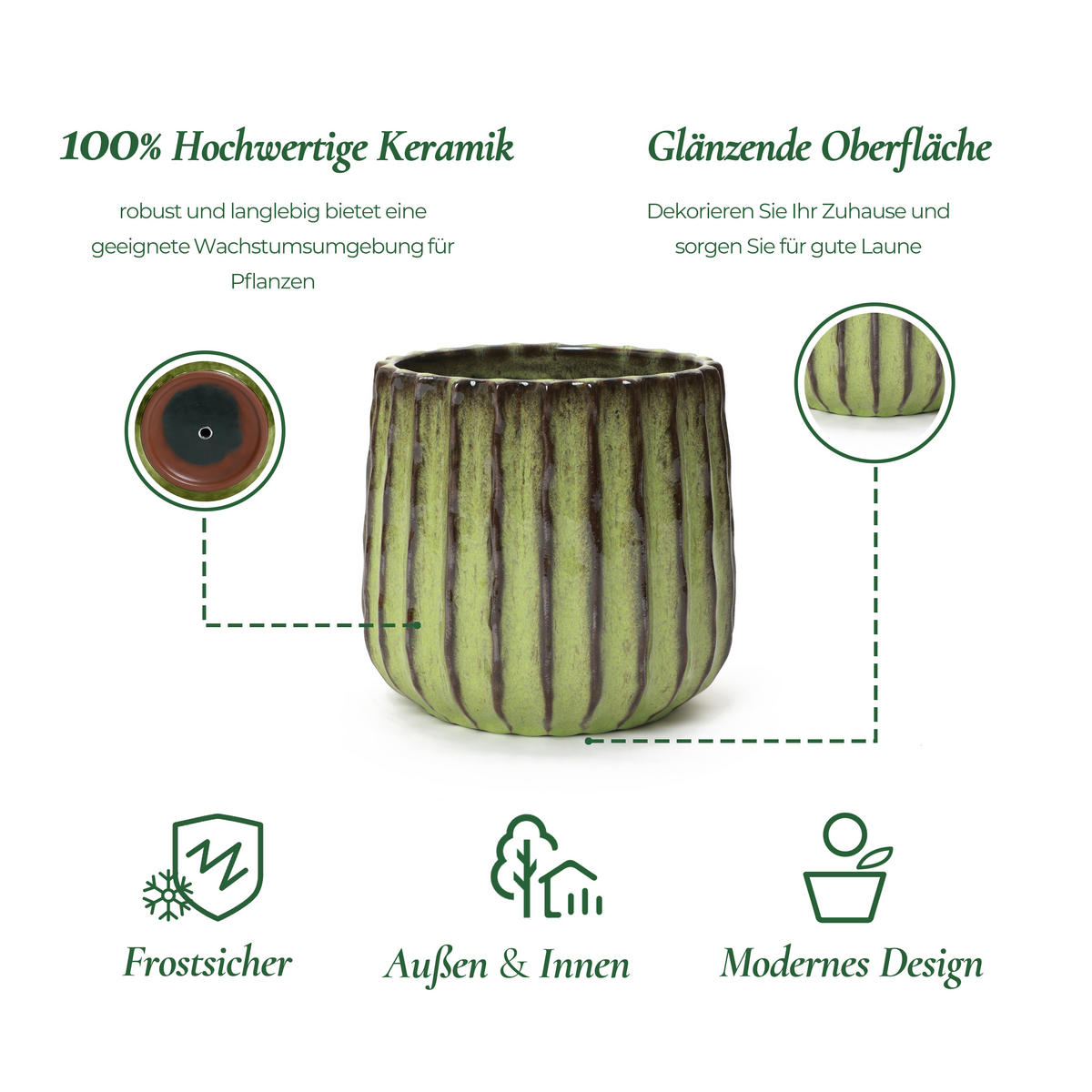 GRÜNER Keramik-Blumentopf, Durchmesser 21 cm, Höhe 21,5 cm - Grün, Keramik (21cm) - Hometopia