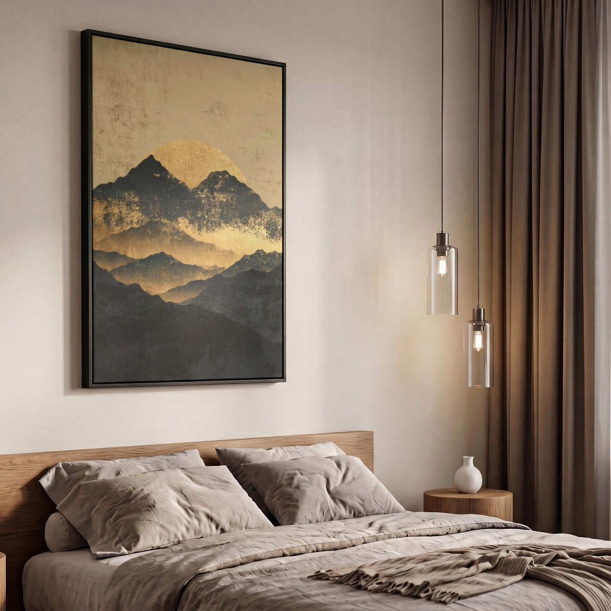 LEINWAND Bilder mit Rahmen - Goldene Berge bei Mondschein - 60x90 - Goldfarben, Textil (60/90cm) - MuchoWow