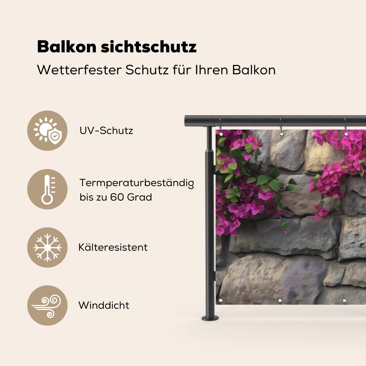 BALKON-SICHTSCHUTZ Bougainvillea - Steinmauer - Rosa - Magenta, Kunststoff (300/85cm) - MuchoWow