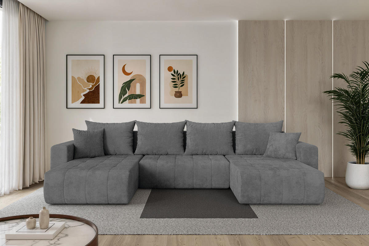 SEDACÍ SOUPRAVA DO U s funkcí spaní a úložným prostorem MILA-U 378x194x86 tmavě šedá manšestr - černá/tmavě šedá, kompozitní dřevo/textil (378/86/194cm) - ALTDECOR