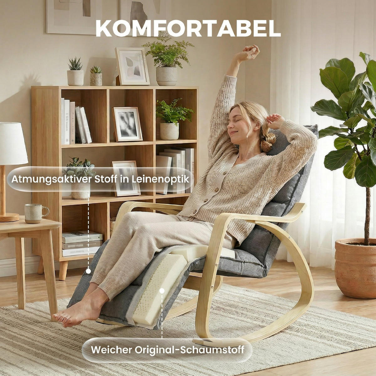 SCHAUKELSTUHL DE-07596 mit verstellbarer Fußstütze Grau - Grau, Textil (67/92/106cm) - ComfortXL
