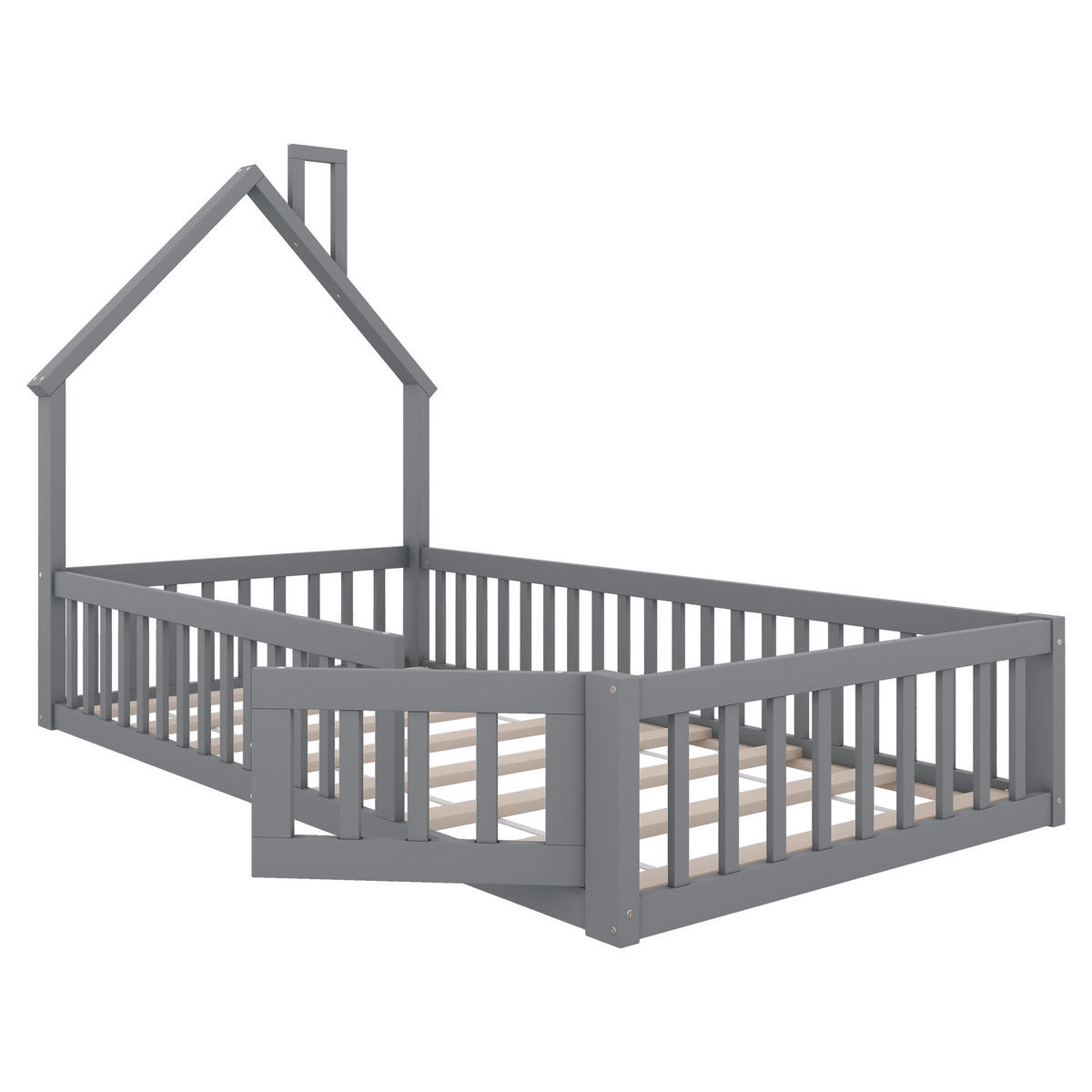 HAUSBETT 90x200cm Grau Kiefer Schornsteinform Minimalistisch - Grau, Holz (90/200cm) - FLIEKS