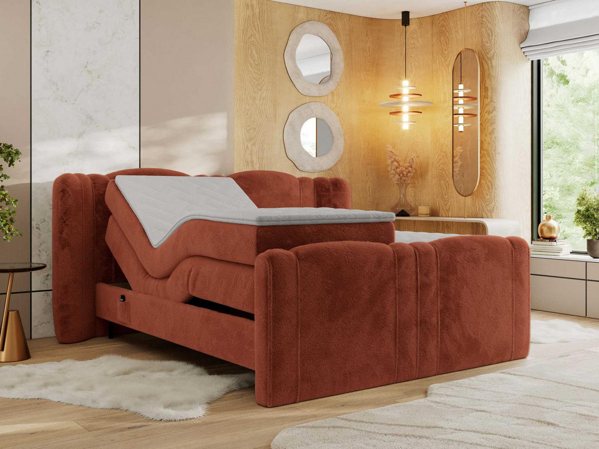 BOXBETT FORTINA 140/200 - Orange Plüsch - H4 - Orange, Holz/Textil (140/200cm) - MKS