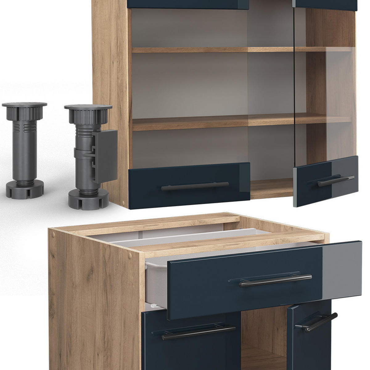 SINGLEKÜCHE Fame-Line Dunkelblau Hochglanz/Goldkraft Eiche 140 cm AP Anthrazit - Eiche Wotan/Dunkelblau, Holzwerkstoff (140/81.6/60cm) - Vicco