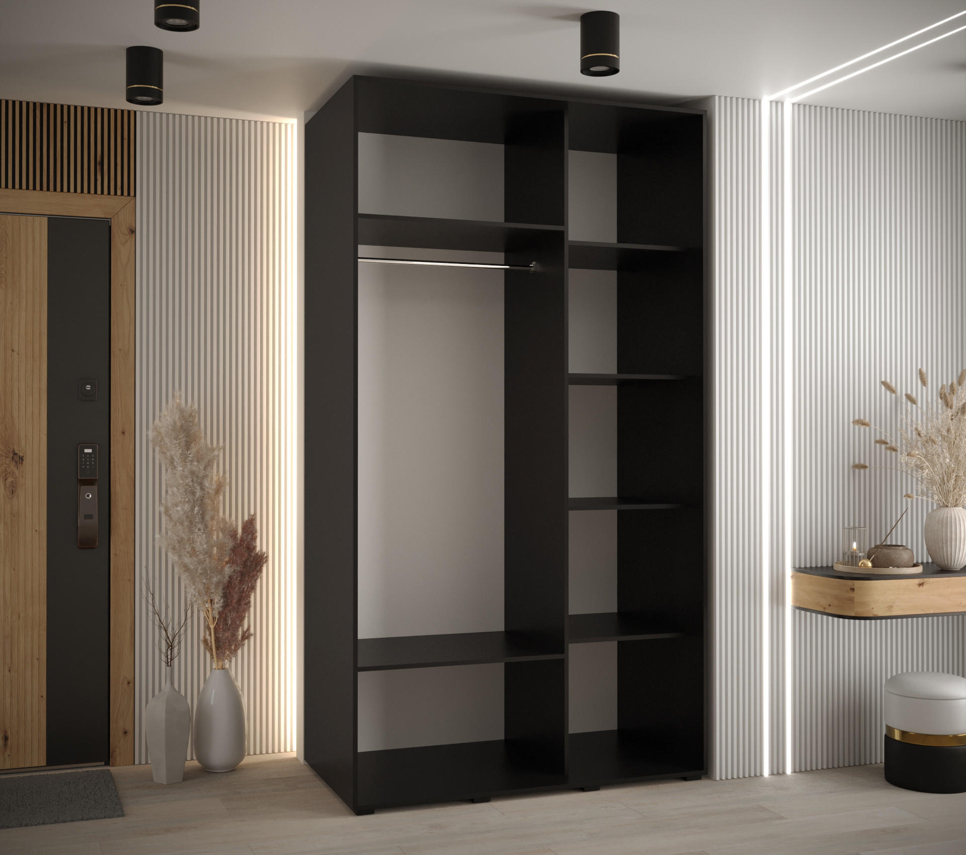 Thumbnail - Abiks Möbel Schwebetürenschrank, Schwarz, Weiß, Gold, Metall, Nachbildung, 6 Fächer, 130x235x60 cm, Schlafzimmer, Kleide...