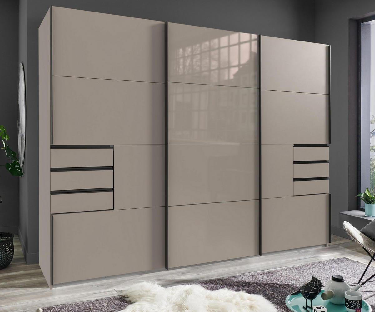 SCHWEBETÜRENSCHRANK 3-türig B270/H208/64 cm, Sandgrau, Mitteltür Glas, Kleiderschrank mit Schubladen & Vollausstattung, / 22614 - Sandfarben/Graubraun, Holzwerkstoff/Metall (270/208/64cm) - luma-home