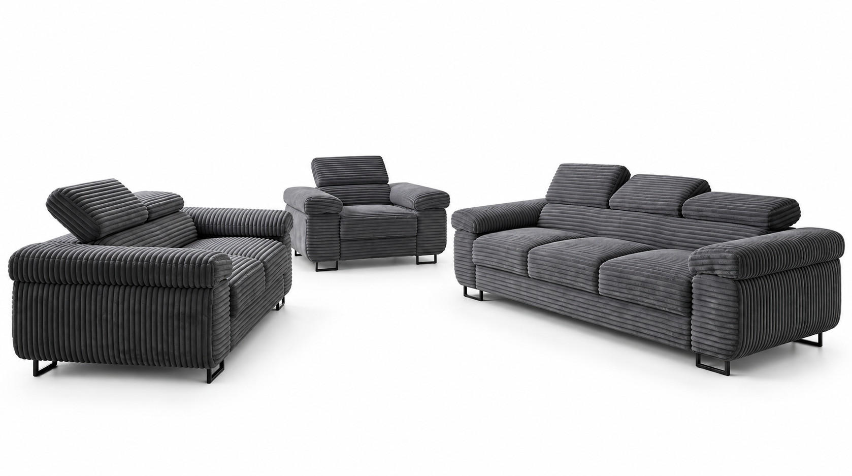 GUSTAW Sitzgarnitur 3+2+1, Schlafsofa 3-Sitzer, Cordbezug Anthrazit - Anthrazit, Textil (225/92/101cm) - KS Home Concept