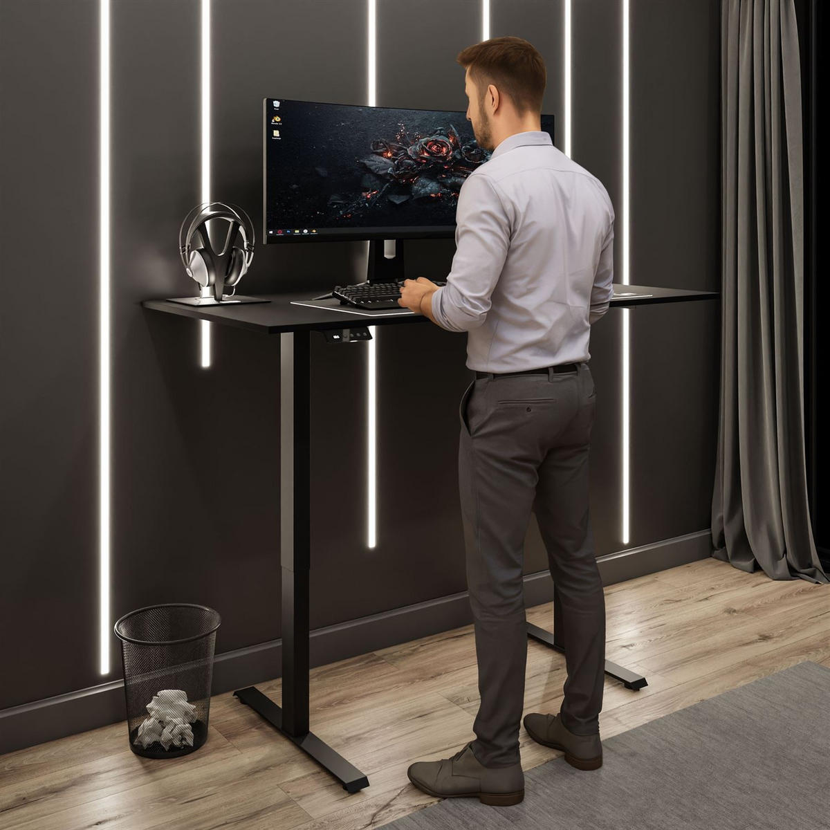 SCHREIBTISCH SPACE GAMING höhenverstellbar mit Metallbeinen schwarz/schwarz - Schwarz, Holzwerkstoff (70/140/69.5cm) - Lookway