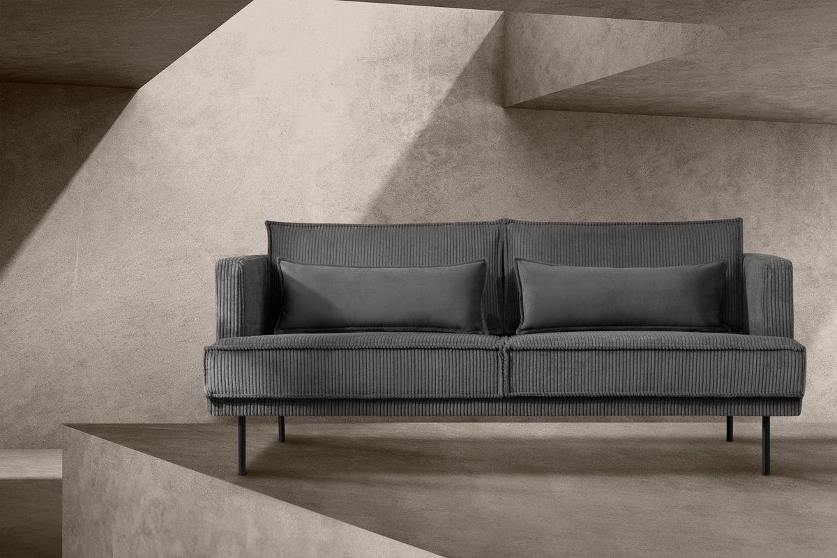 3-SITZER-SOFA GANZO 2 Kissen inklusive, Cord-Stoff, grau - Schwarz/Grau, Textil/Metall (193/84/92cm) - KONSIMO®