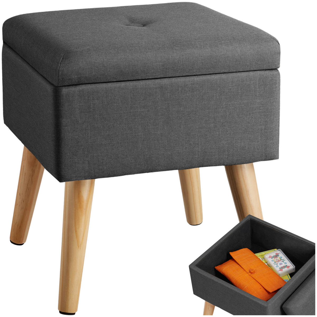 SITZHOCKER mit Stauraum Elva,32,5 x 32,5 x 36,5 cm,dunkelgrau - Dunkelgrau, Holz (32.5/36.5/32.5cm) - tectake