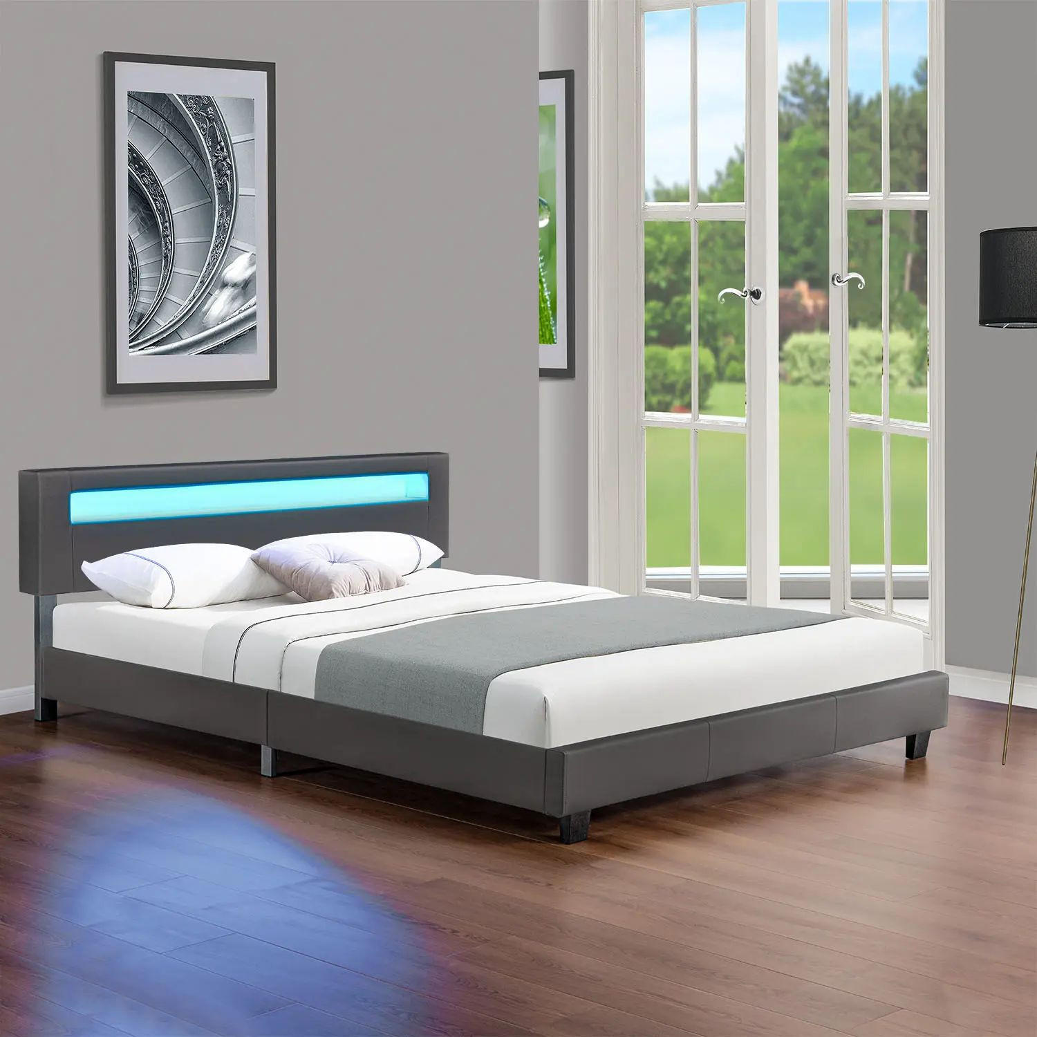 POLSTERBETT Paris dunkelgrau 180x200cm mit Matratze und LED (16 Farben) - Grau, Textil (180/200cm) - Juskys