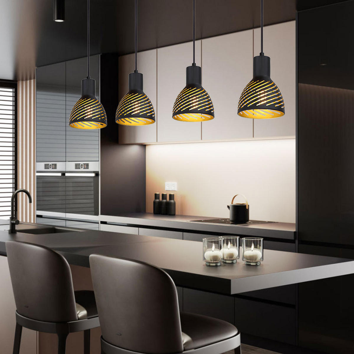 LED HÄNGELEUCHTE Metall Schwarz Gold Holzoptik - Schwarz, Metall (90/12.5/120cm) - Globo Lighting