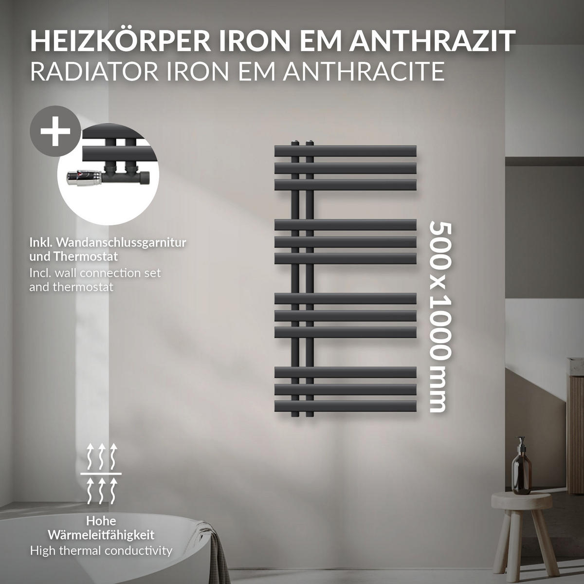 KOUPELNOVÝ radiátor Iron EM 500x1000 mm antracitový s rohovým ventilem - antracitová, kov (50/100/3cm) - LuxeBath