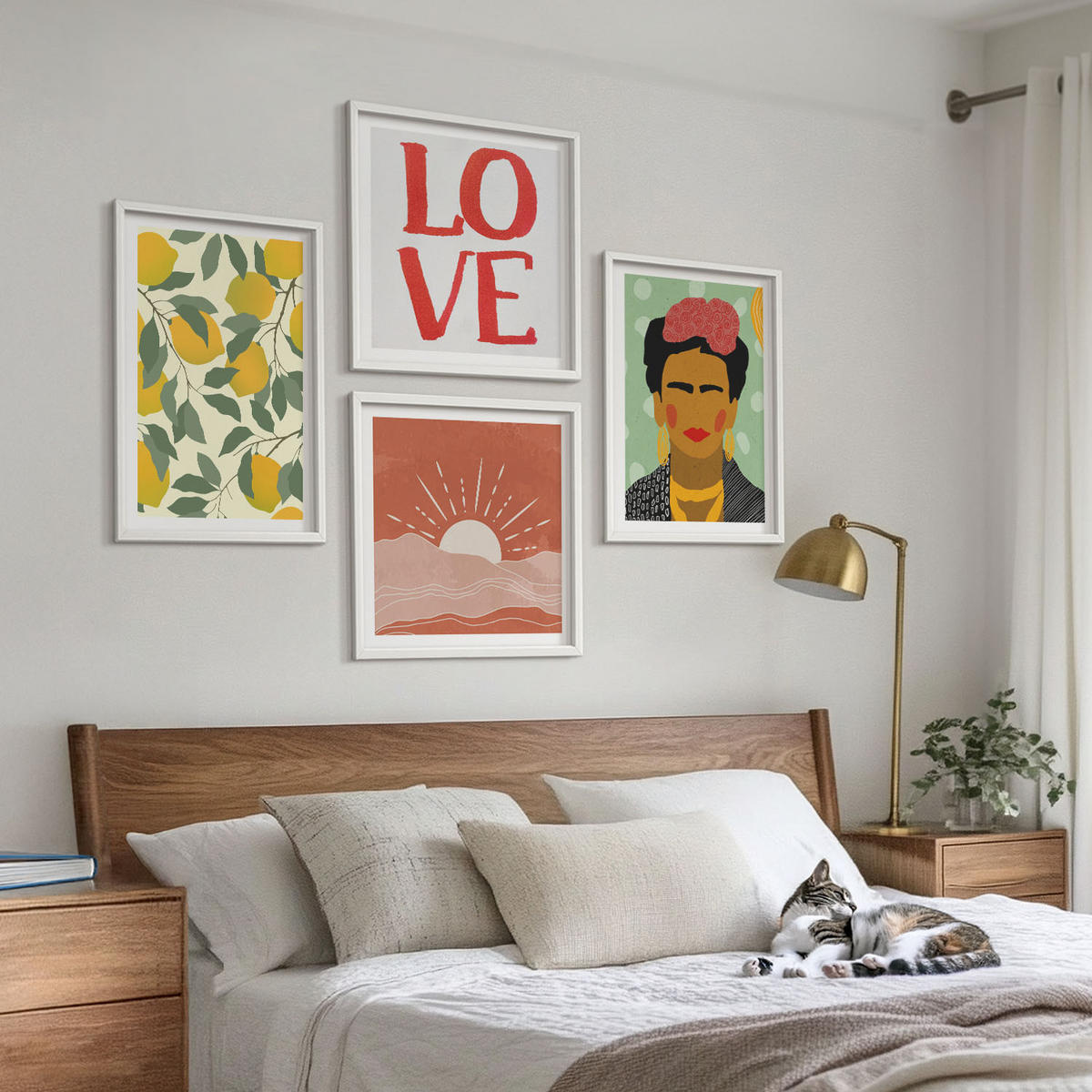 BILDER SET 4er Set - 50x50 cm & 40x60 cm Weißer Rahmen - Zitronen Inschrift Liebeslandschaft Frida - Weiß, Kunststoff (50/50cm) - TULUP