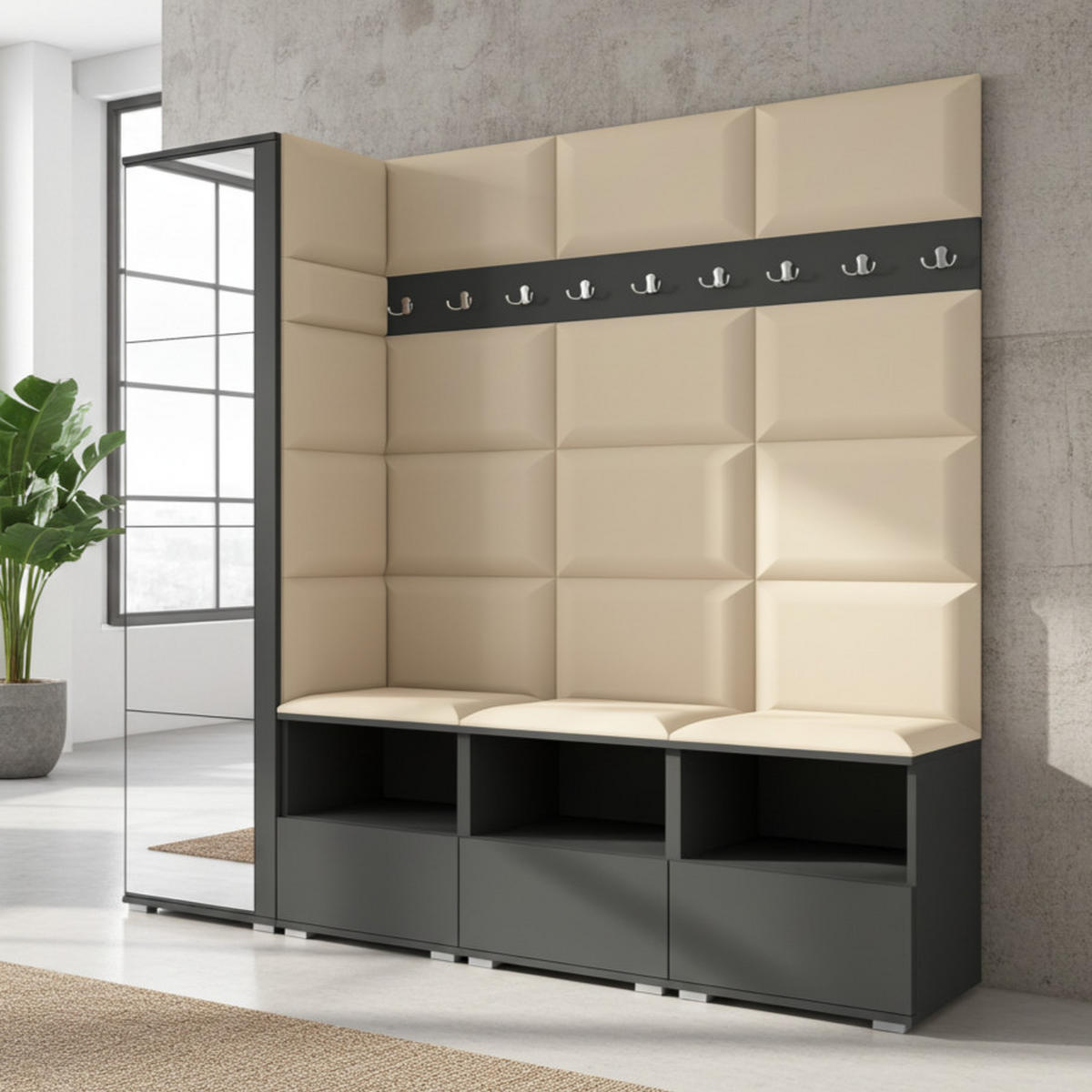 GARDEROBE NELA IX 200 cm (Modulare Flurmöbel Graphit mit Spiegel & Sitzpolster Beige 04 Breite Sitzbank) - Beige/Silberfarben, Holz/Holzwerkstoff (200/187/40cm) - Ravio