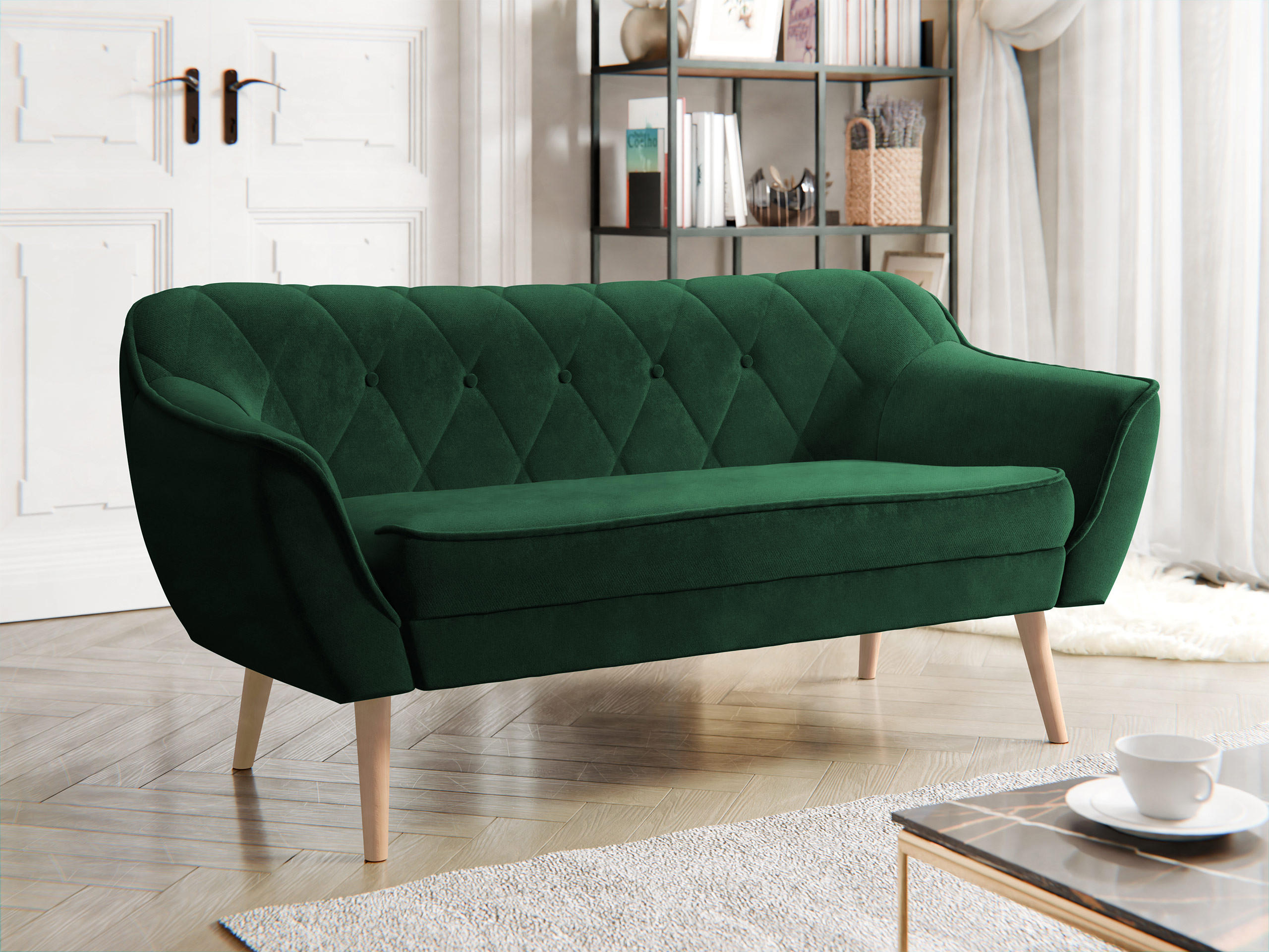 SOFA Skand 2 - Smaragdgrün/Naturfarben, Holz/Textil (140/75/74cm) - MIRJAN24