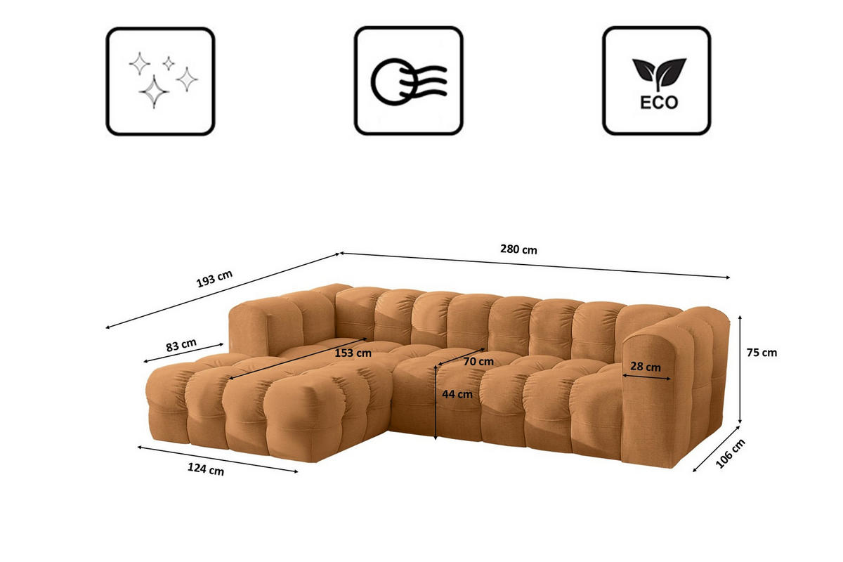 ECKSOFA L-form BALOO L, Chenille-Stoff Moly, Orange, Links - Orange, Holz (280/193cm) - Kaiser Möbel