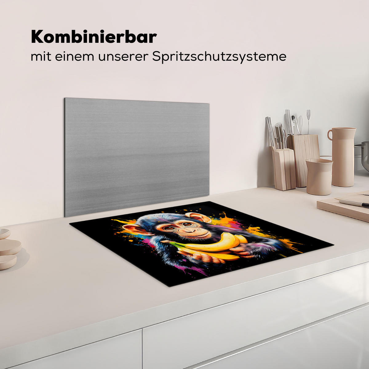 KRYT NA INDUKČNÍ DESKU Opice - Graffiti - Barevné - Banány - Moderní 60x52 cm - žlutá, plast (60/52/0.2cm) - MuchoWow