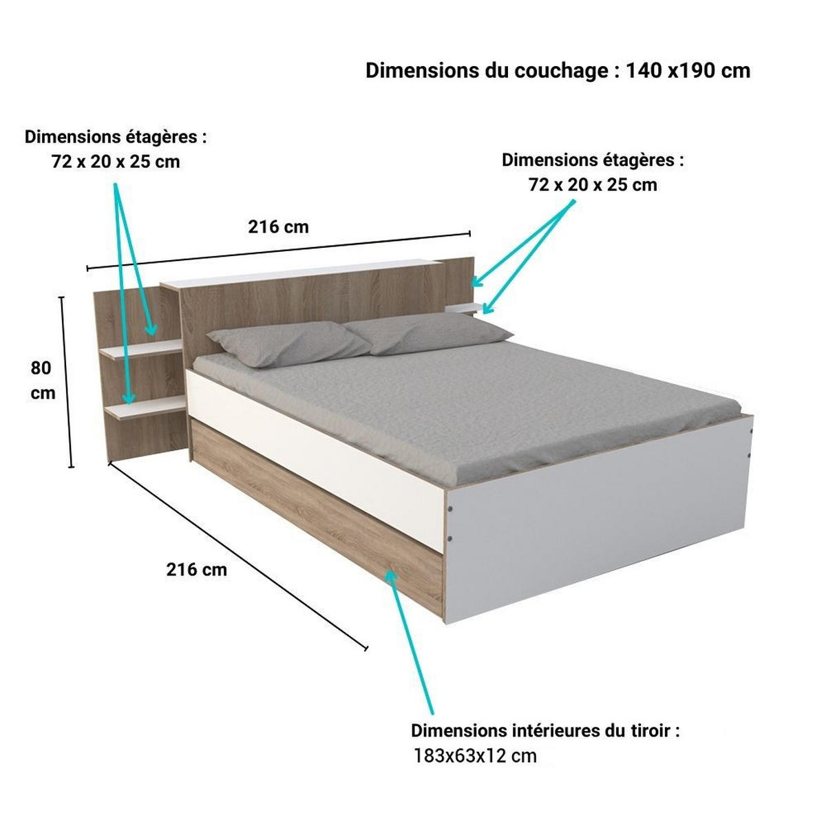 BETT CITY mit Kopfteil und Schublade/ Bett 140x190 - Weiß & gebleichte Eiche Dekor - Weiß/Sonoma Eiche, Holzwerkstoff (140/190cm) - Weber Industries