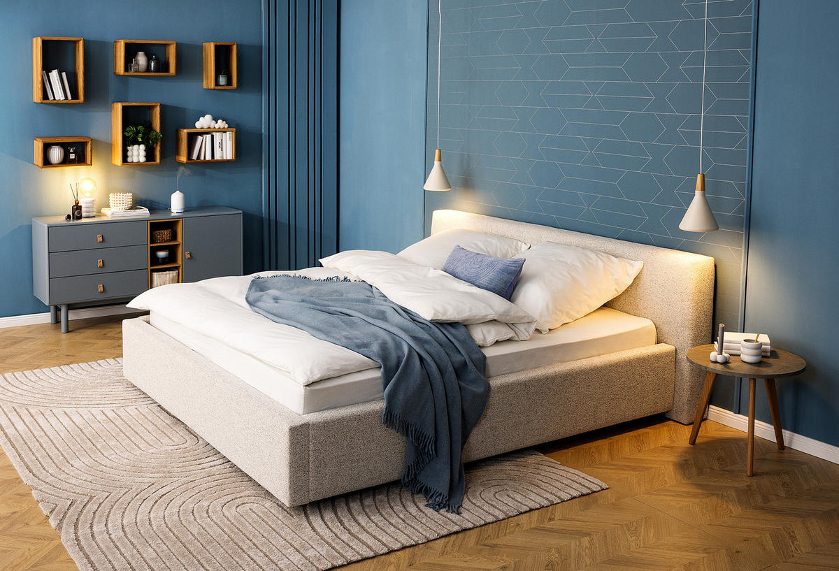 POLSTERBETT mit Stauraum - Webstoff - Beige, Holzwerkstoff (180/200cm) - home24