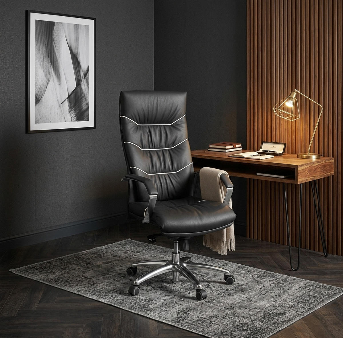 CHEFSESSEL Echtleder mit Soft-Air Polsterung und Aluminiumfußkreuz 5-Punkt-Mechanik KANZAS - Silberfarben/Schwarz, Leder (60/126/55cm) - KADIMA DESIGN