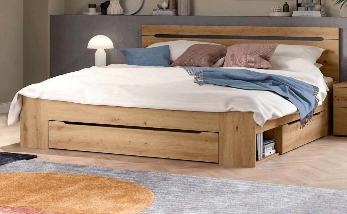 BETT Eiche, grau Liegefläche 180 x 200 cm, Doppelbett mit 3x Bettschubkasten - Eiche Artisan/Grau, Holzwerkstoff/Metall - Inn.Furn