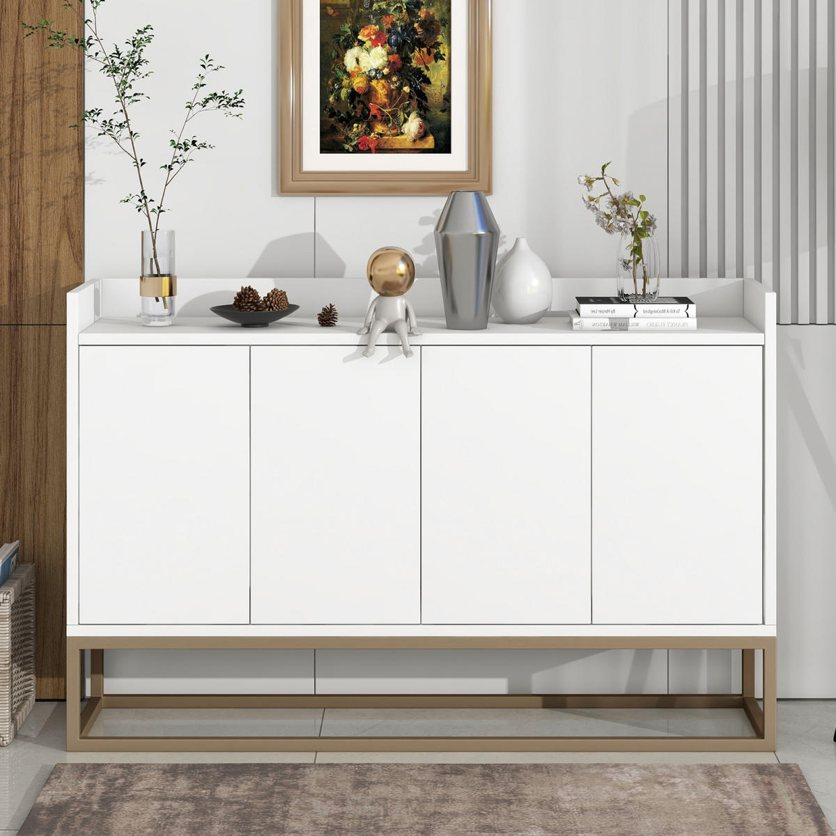 SIDEBOARD, Kommode mit 4 Türen, Verstellbaren Einlegeböden und goldenen Metallrahmen, Weiß - Weiß, Holz (30/80/120cm)