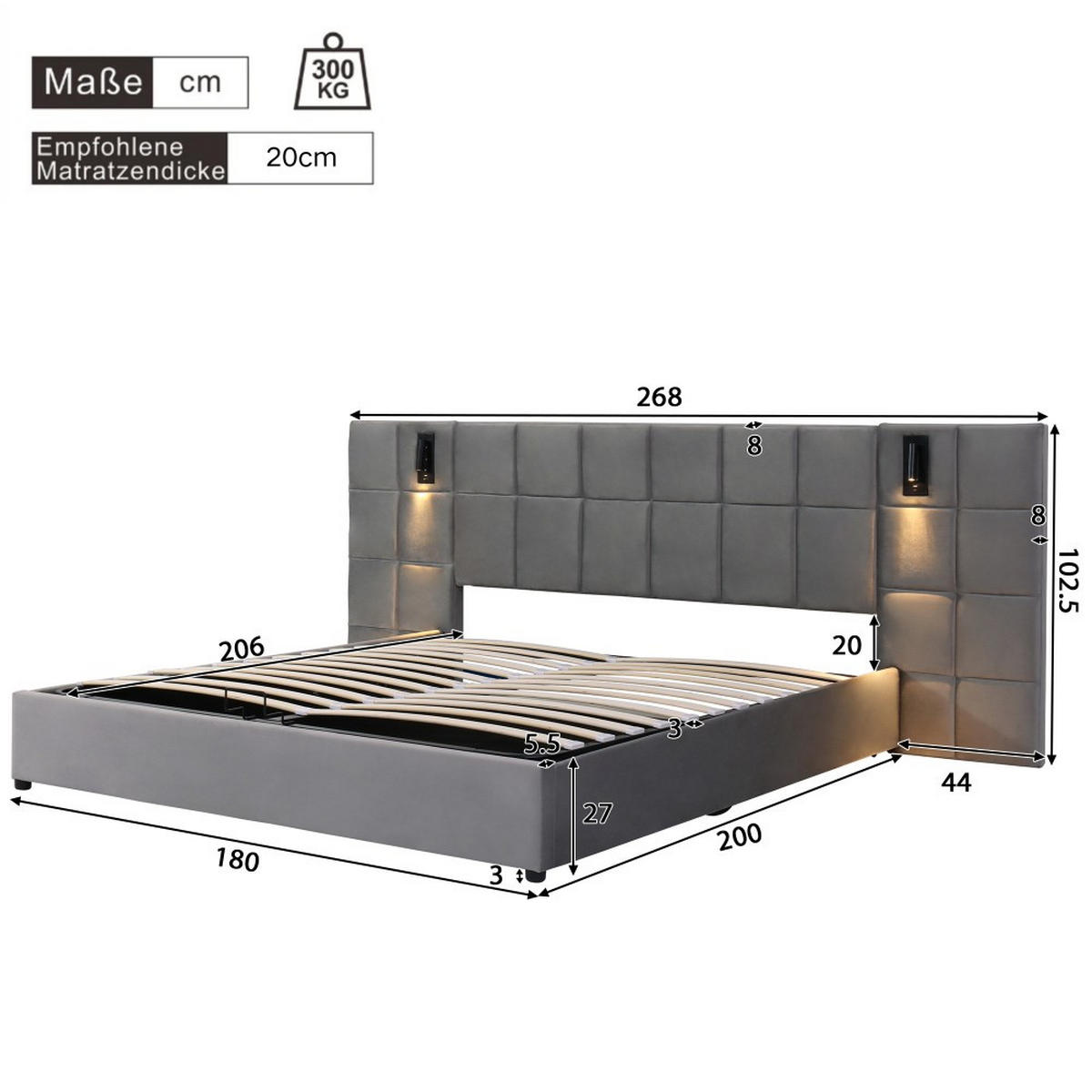 POLSTERBETT 180/200 cm in Grau mit USB-Aufladung - Grau, Holz/Textil (180/200cm) - KOMHTOM
