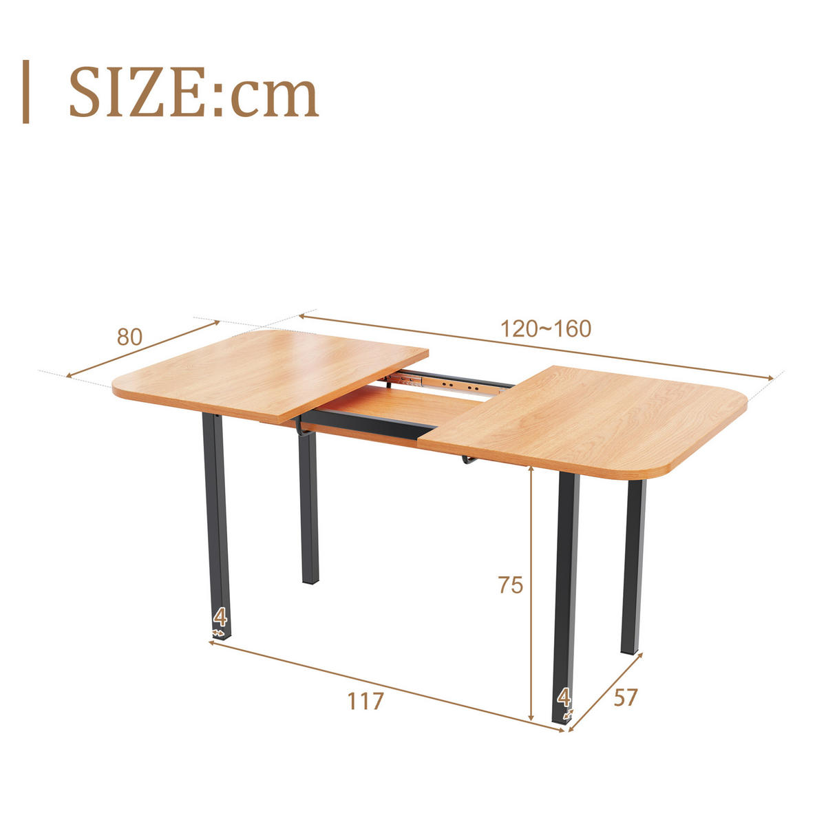 ESSTISCH 120-160 cm ausziehbar aus MDF mit hochfester Legierungsstütze, Amerikanische Weißeiche - Eichefarben, Holzwerkstoff (160/80/75cm) - Redom