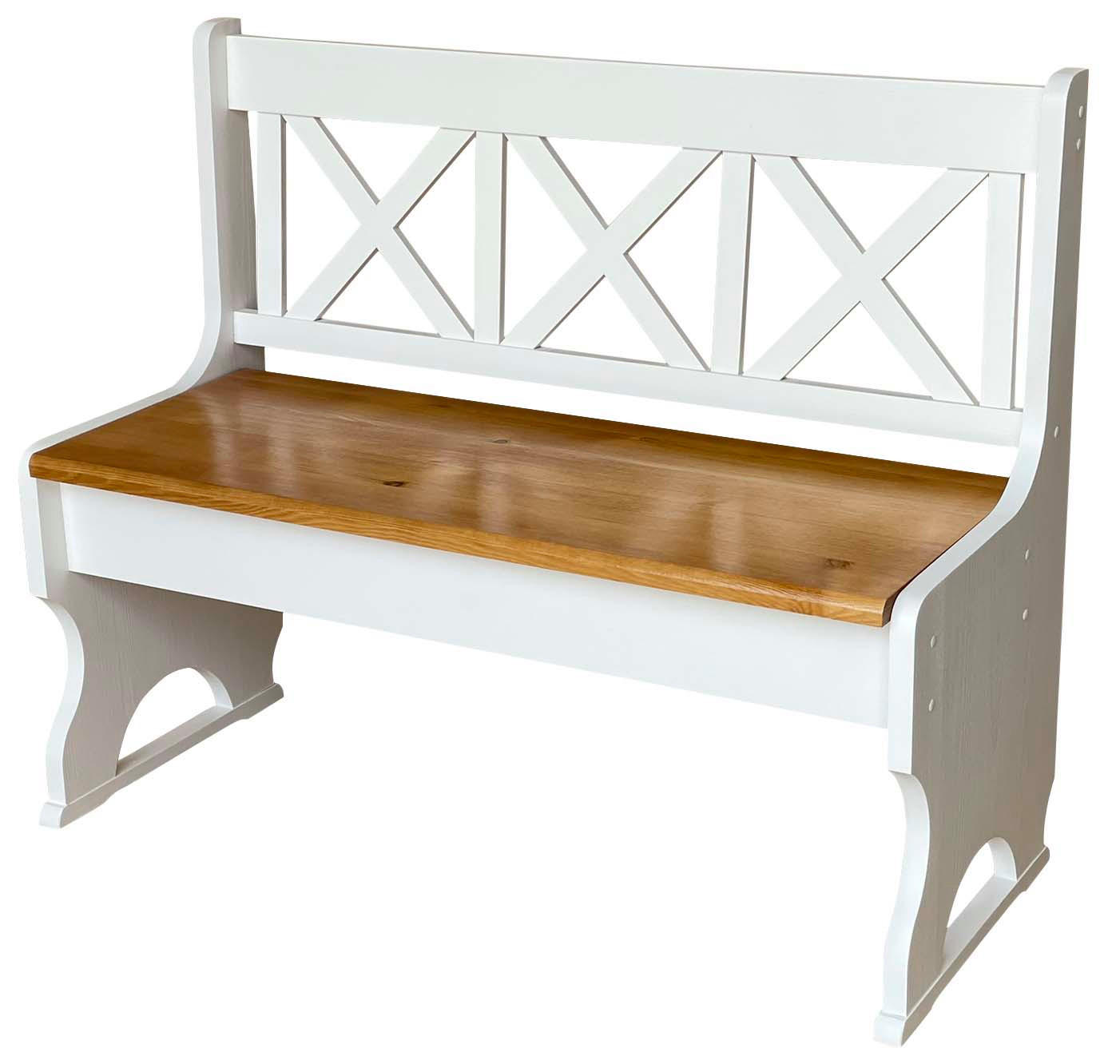 LANDHAUSBANK aus Kiefernholz mit Kreuzlehne, Weiss/Erle, 105 cm - Honigeiche, Holz (105/86/36cm)