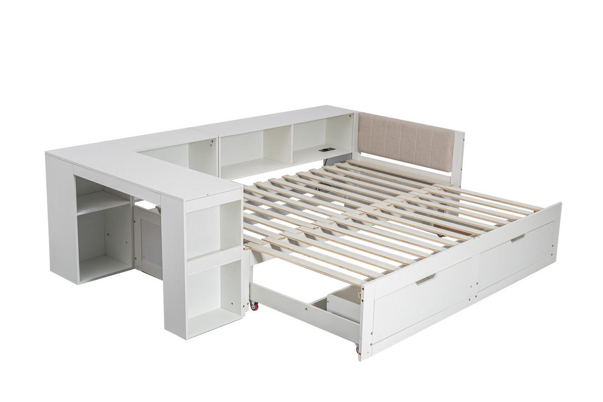 BETT ausziehbar 90x200 cm mit Schreibtisch und 2 Schubladen Weiß - Weiß, Holz (90/200cm) - Meubliv