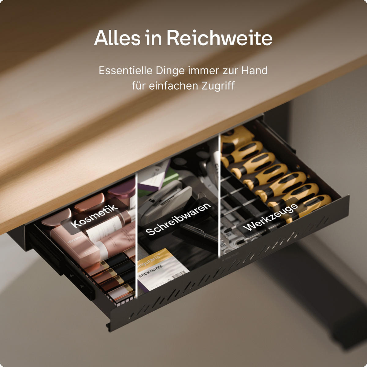 SCHUBLADEN-ORGANIZER unter dem Schreibtisch, 41x27x5cm Schwarz - Schwarz, Metall (41/27/5cm) - Desktronic