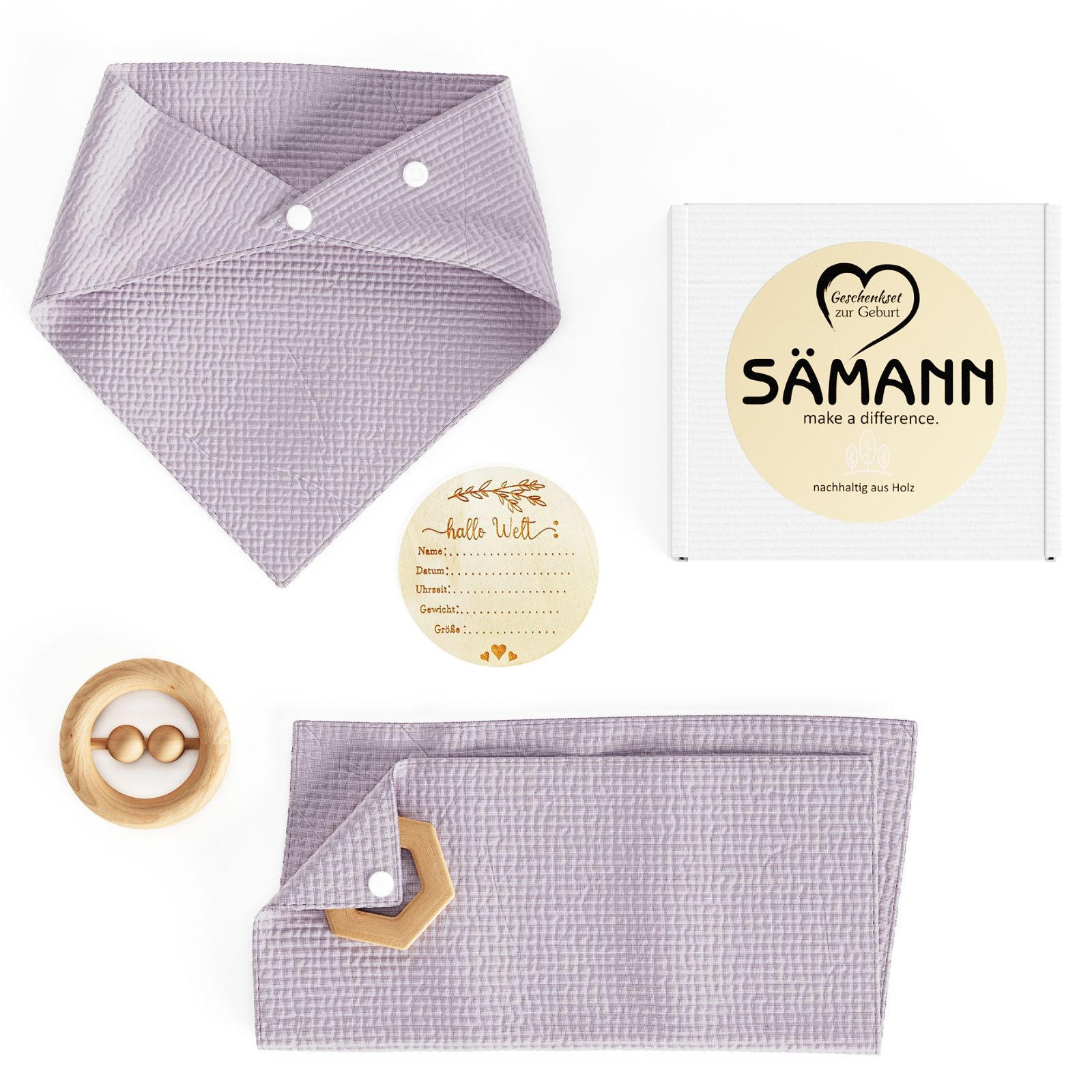 BABY Geschenkset 4-tlg. zur Geburt mit Halstuch, Rassel, Karte, Schmusetuch flieder - Flieder, Textil (10/10cm) - Sämann – make a difference.
