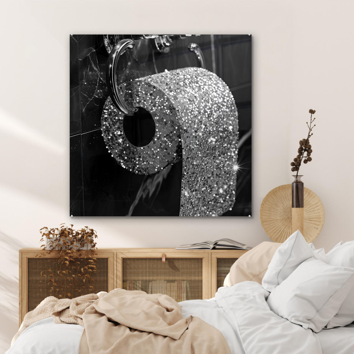 ACRYLGLASBILD WC - Toilettenpapier - Schwarz und weiß - Glitter 90x90 cm - Silberfarben, Glas (90/90cm) - MuchoWow