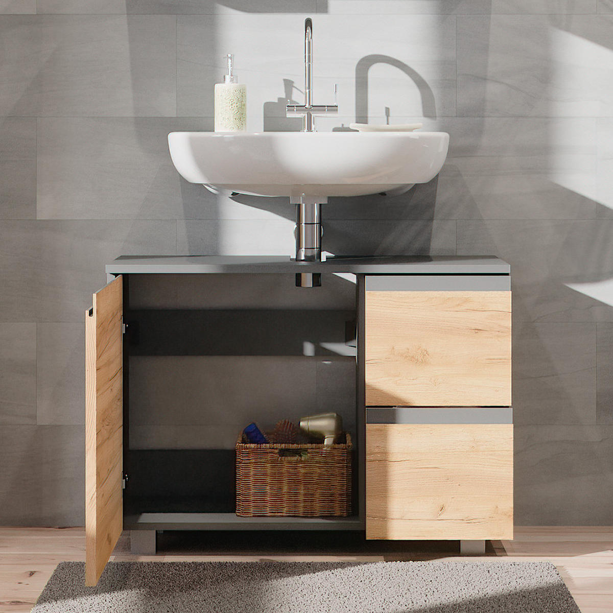 WASCHBECKENUNTERSCHRANK J-Shape Sonoma 80 x 60.8 cm - Sonoma Eiche, Holzwerkstoff (80/60.8/33cm) - Vicco