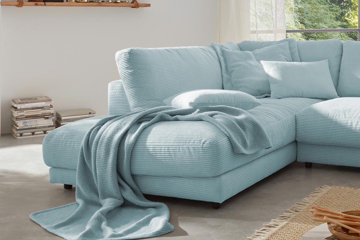 ECKSOFA MADELINE Hellblau Cord - Schwarz/Hellblau, Kunststoff/Textil (325/224cm) - KAWOLA