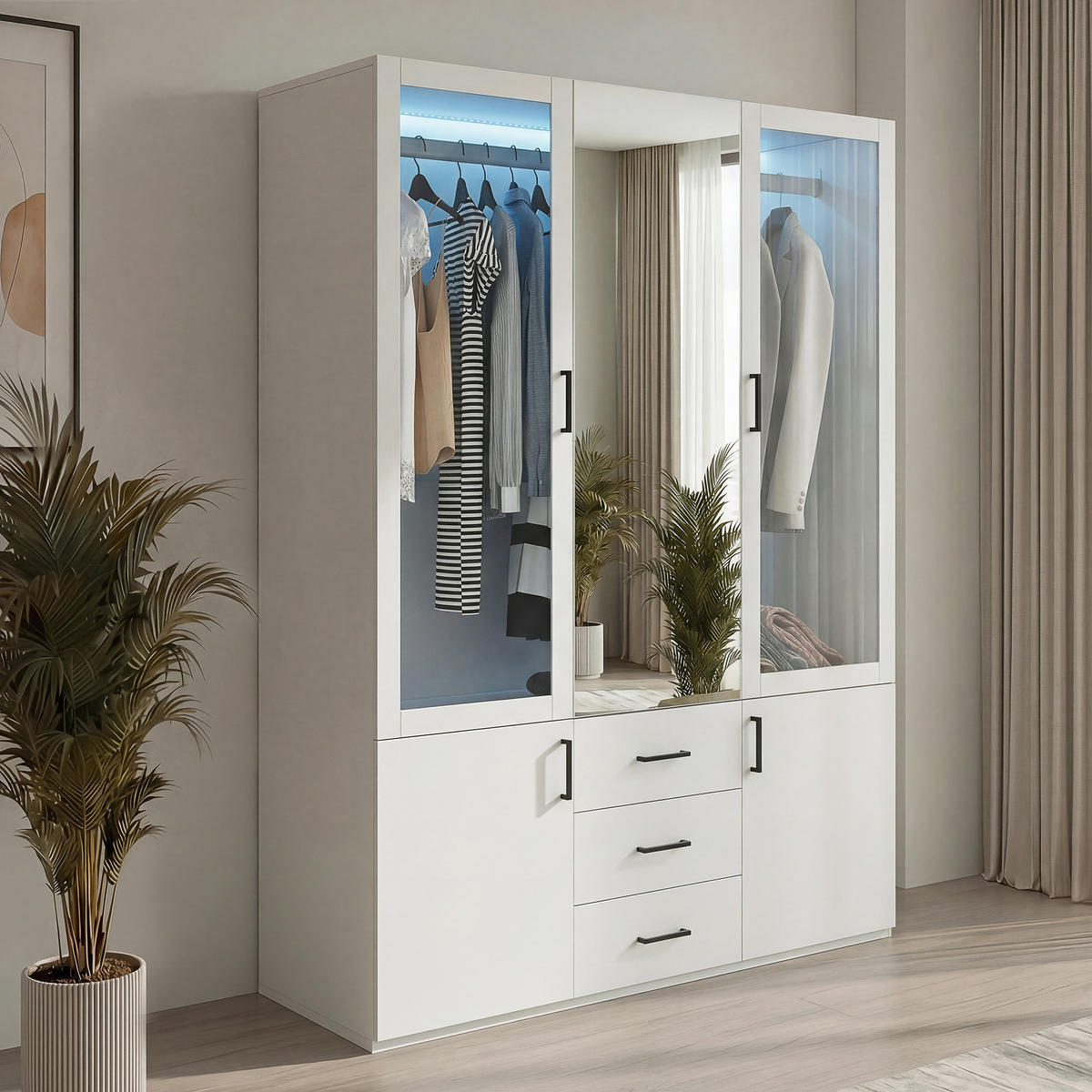 SKŘÍŇ 130cm bílá se zrcadlem a LED osvětlením, 3 zásuvky - bílá, kompozitní dřevo (51.8/181.5/130cm) - SHOPENTRA