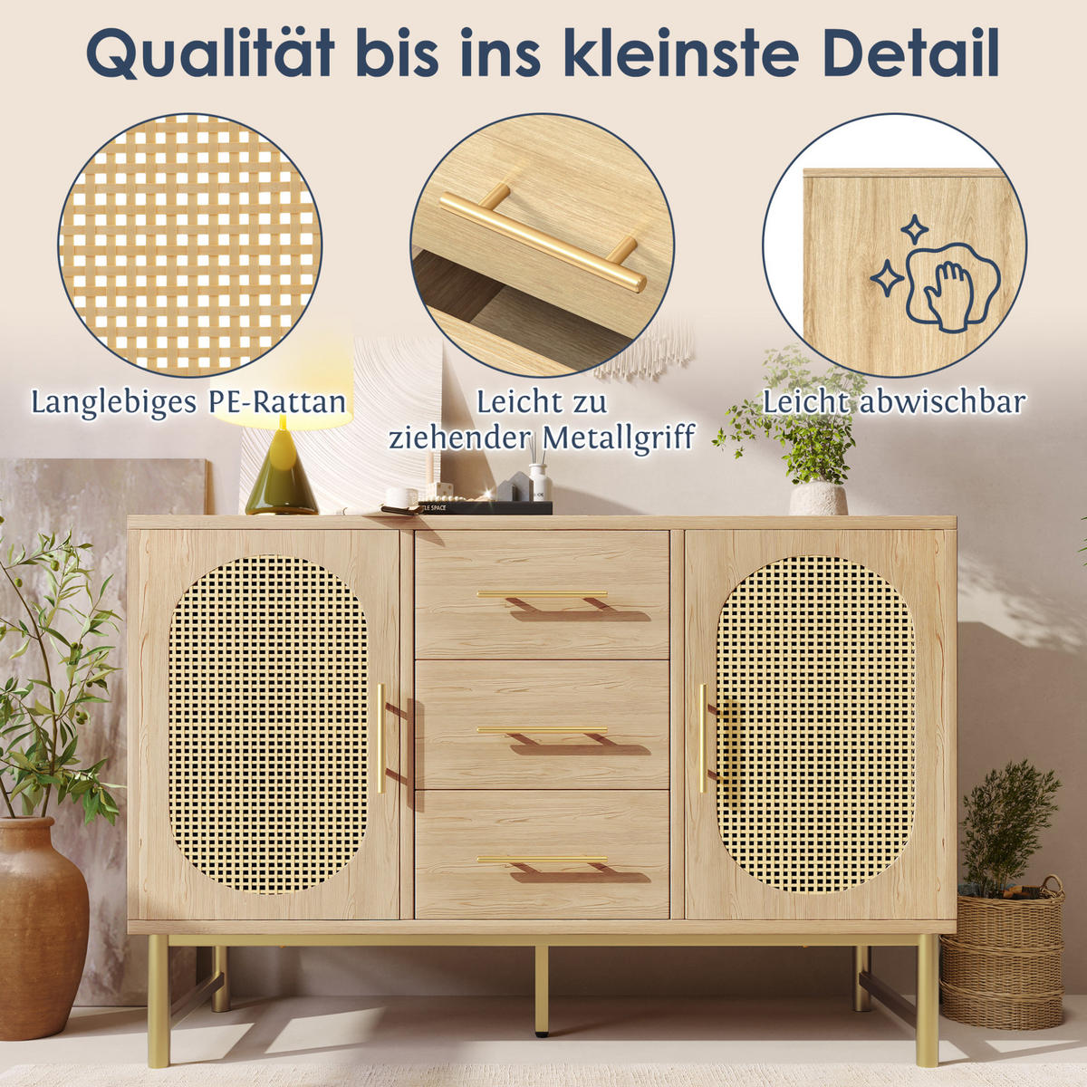 KOMODA z kovu a dřevotřísky 120x74x40 cm sonoma dub se 3 zásuvkami, 2 dvířky a nastavitelnou policí - barva dubu, kov (120/74/40cm) - Modfu