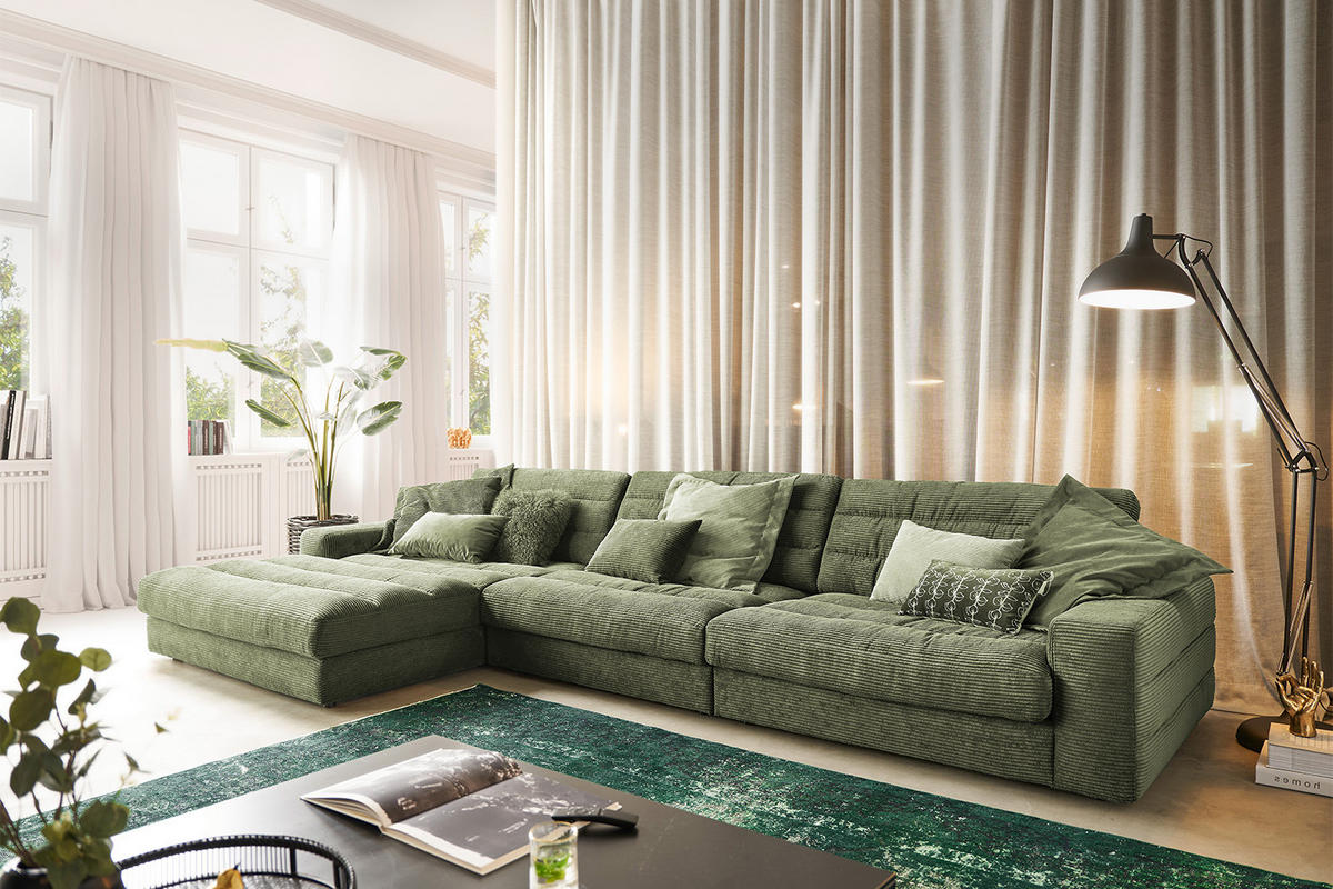 ECKSOFA XL LANA Grün Cord - Schwarz/Grün, Textil (416/205cm) - KAWOLA