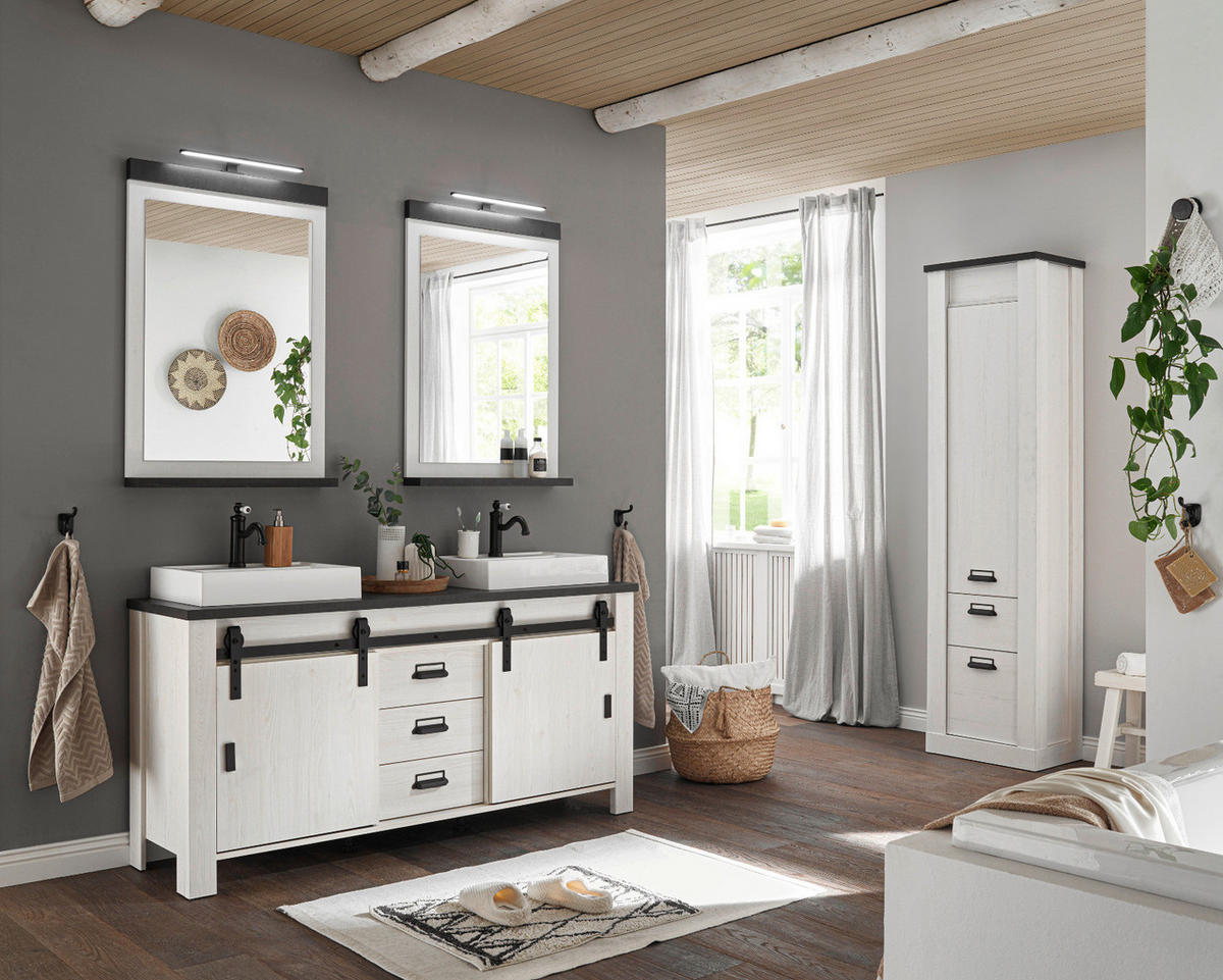 HOCHSCHRANK weiß Pinie, anthrazit Landhaus, Badschrank mit Soft-Close - Anthrazit/Weiß, Holzwerkstoff/Metall (51/201/38cm) - Furn.Design