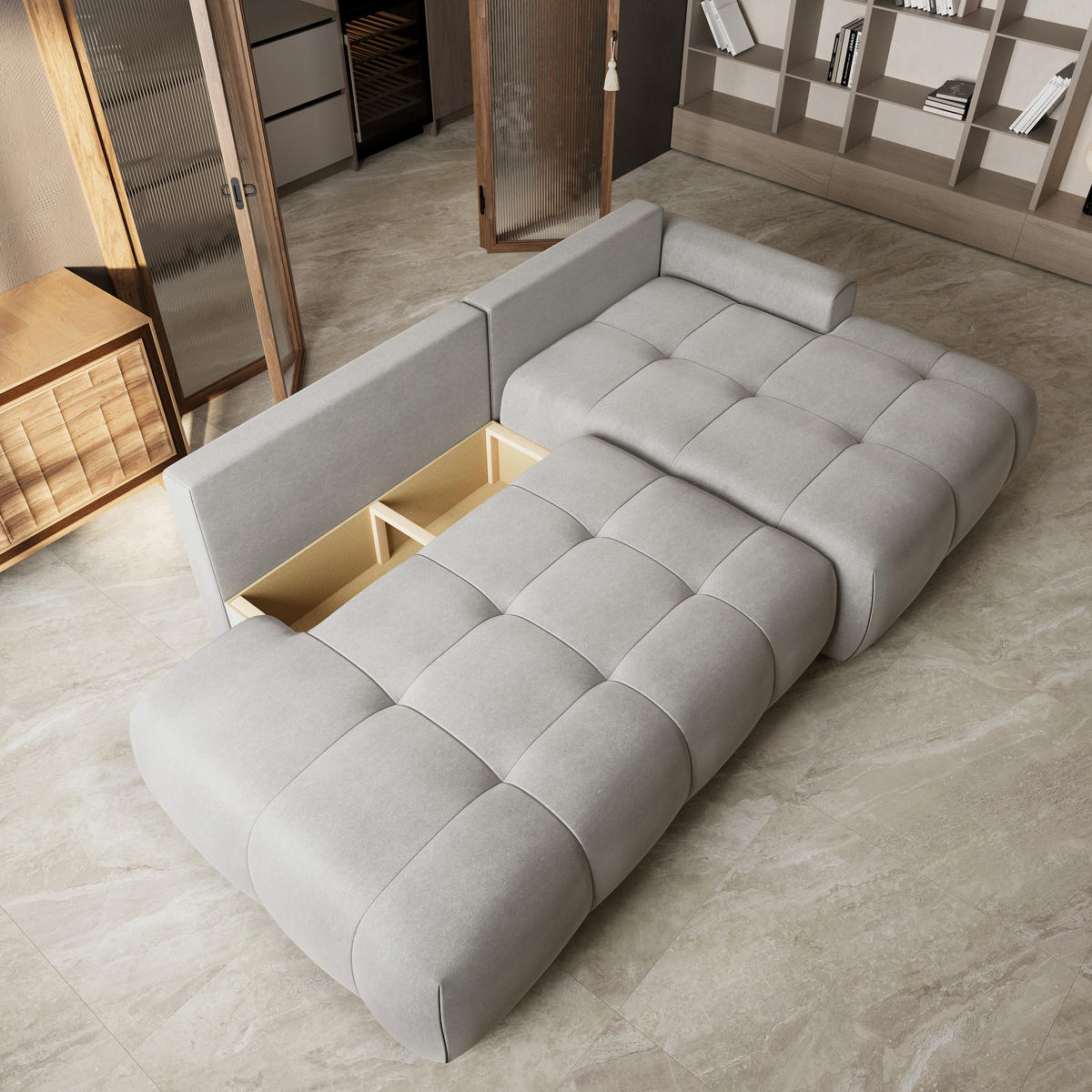 ECKSOFA FLUMA CL R-S Hellgrau Samtstoff mit Schlaffunktion - Hellgrau, Holzwerkstoff/Textil (279/158cm) - MASSENO