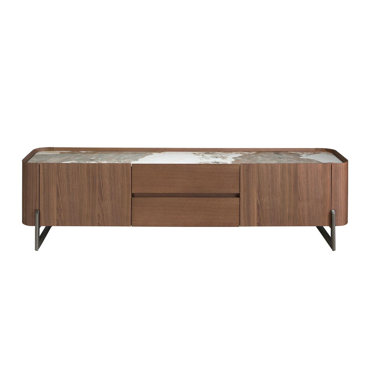 TV-ELEMENT TV-Ständer aus Nussbaum und dunklem metallisiertem Stahl mit Porzellanmarmorplatte 200/45/52 cm - Walnussfarben/Weiß, Holz (200/52/45cm) - ANGEL CERDA