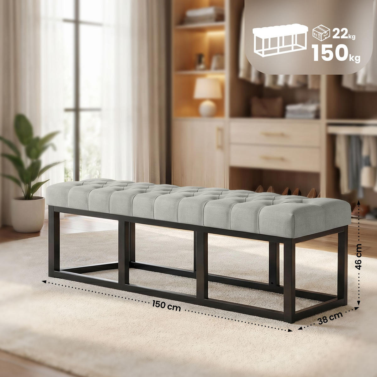 SITZBANK 150/38 cm Stoff Grau - Schwarz/Grau, Textil/Metall (150/46/38cm) - CLP